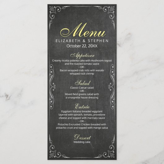 Chic Black & White Chalkboard Floral Wedding Menu (Voorkant)
