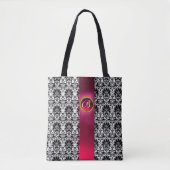 CHIC BLACK WHITE DAMASK, PINK FUCHSIA GEM MONOGRAM DRAAGTAS (Voorkant)