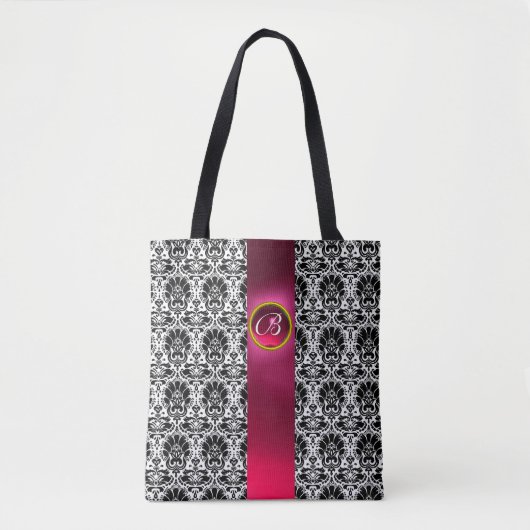 CHIC BLACK WHITE DAMASK, PINK FUCHSIA GEM MONOGRAM DRAAGTAS (Voorkant)