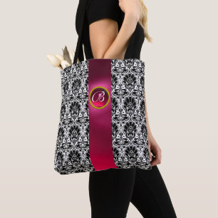 CHIC BLACK WHITE DAMASK, PINK FUCHSIA GEM MONOGRAM DRAAGTAS