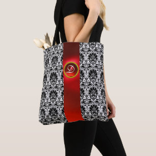 CHIC BLACK WHITE DAMASK RED RUBY GEMSTONE MONOGRAM DRAAGTAS