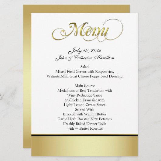 Chic Black, White en Gold Custom Wedding Menu (Voorkant / Achterkant)