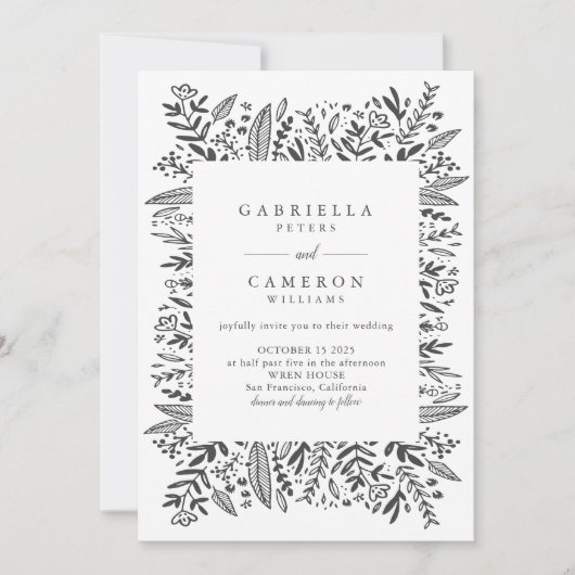 Chic Black White Floral Line Art Drawing Wedding Kaart (Voorkant)