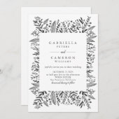 Chic Black White Floral Line Art Drawing Wedding Kaart (Voorkant / Achterkant)