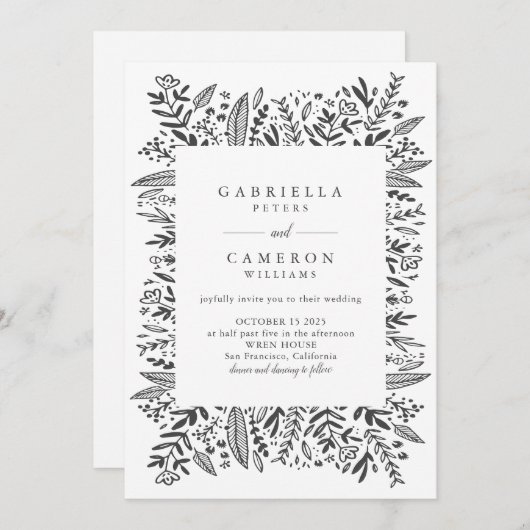 Chic Black White Floral Line Art Drawing Wedding Kaart (Voorkant / Achterkant)