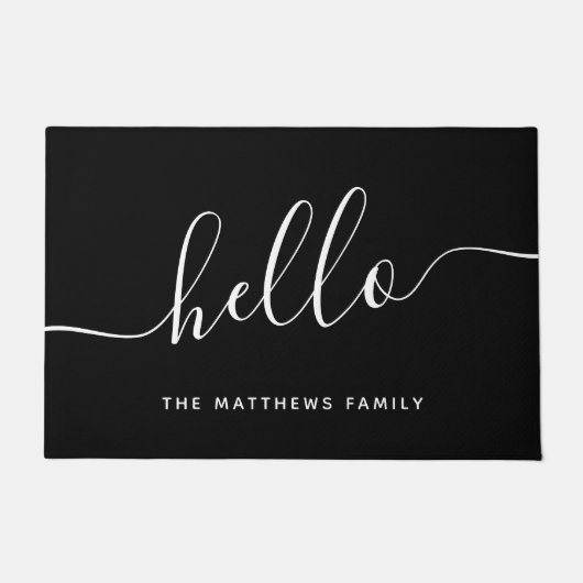 Chic Black White Hallo Script Family Name Welkom Deurmat (Voorkant)