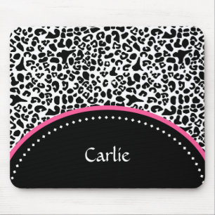 Chic Black White Leopard Print Pink Accent Name Muismat