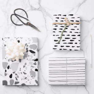 Chic Black & White Modern Pattern Terrazzo Inky Inpakpapier Vel
