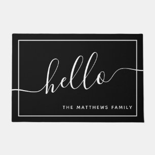 Chic Black White Script Hallo Familienaam Welkom Deurmat