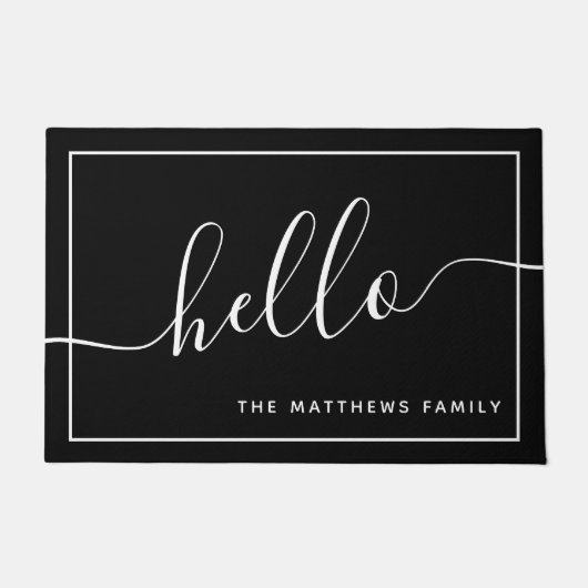 Chic Black White Script Hallo Familienaam Welkom Deurmat (Voorkant)