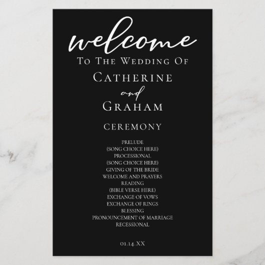 Chic Black White Script Wedding Programme (Devant)