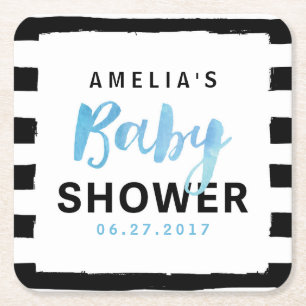 Chic Black & White Stripes Blue Baby shower Vierkante Kartonnen Onderzetter