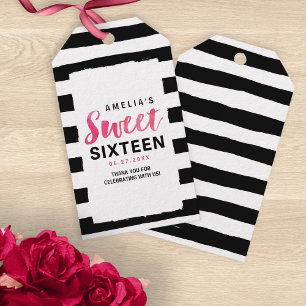 Chic Black & White Stripes Roze Sweet 16 Birthday Cadeaulabel