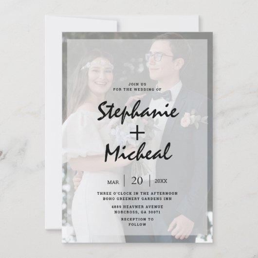 Chic Black & White Vellum Effect Photo Wedding Kaart (Voorkant)