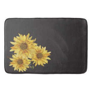 Chic Black Wood Grain and Sunflower Bath Mat