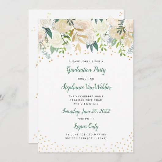 Chic Blanc Floral Gold Confetti Invitations de gra (Devant / Derrière)