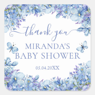 Chic Blauw Aquarel Bloemachtige Baby Shower Bedank Vierkante Sticker