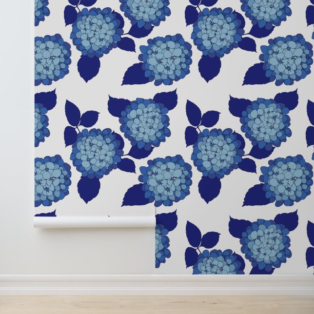 Chic Blauw en Wit Bloemen Hortensia Patroon Behang (Applicatie)