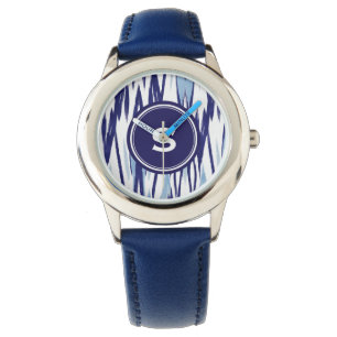 Chic-blauw en wit waterverf ikatroon horloge