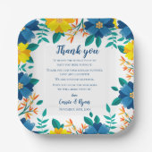 Chic Blauw Geel Bloemen Huwelijk Dank u Bericht Papieren Bordje (Voorkant)