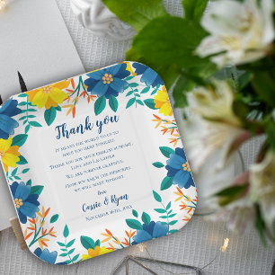 Chic Blauw Geel Bloemen Huwelijk Dank u Bericht Papieren Bordje