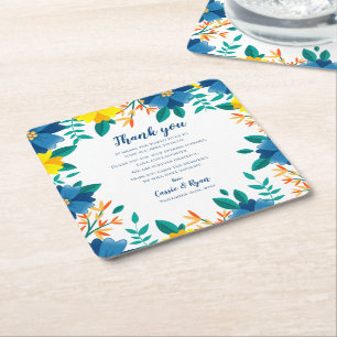 Chic Blauw Geel Bloemen Huwelijk Dank u Bericht Vierkante Kartonnen Onderzetter