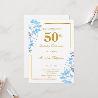 Chic Blauw & Goud Bloemen 50ste Verjaardag Uitnodi Kaart