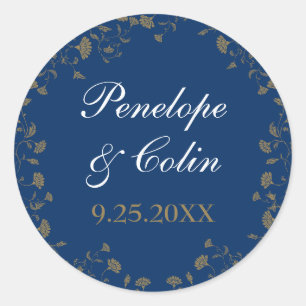 Chic Blauw Goud Bloemen Naam Datum Ronde Sticker