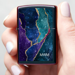 Chic Blauw Paars Aqua Goud Aderen Agaat Monogram