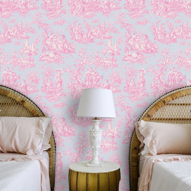 Chic  blauw roze toile de jouy bedrukt behang (Creator heeft geüpload)