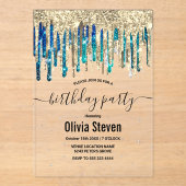 Chic blauw turquoise goud glitter druppels verjaar acryl uitnodigingen (Voorkant)