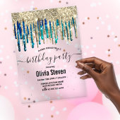 Chic blauw turquoise goud glitter druppels verjaar acryl uitnodigingen