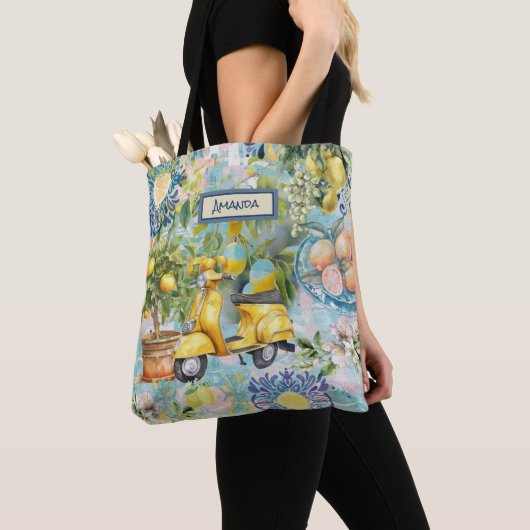 Chic blauw turquoise Siciliaanse citrus collage bl Draagtas (Dichtbij)