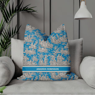 Chic blauw turquoise toile de jouy bedrukt kussen