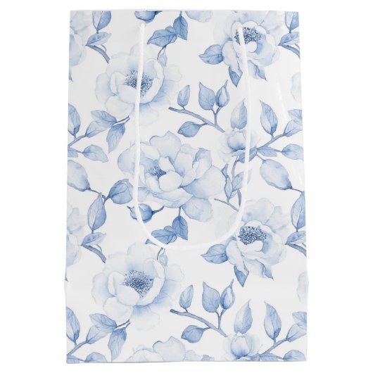 Chic Blauw Wit Bloemen Vrijgezellenfeest bruiloft Medium Cadeauzakje (Achterkant)