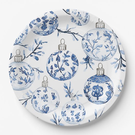 Chic Blauw Wit Kerst Ornamenten Papieren Bordje (Voorkant)