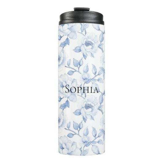 Chic  Blauw Witte Bloemen Thermosbeker (Voorkant)