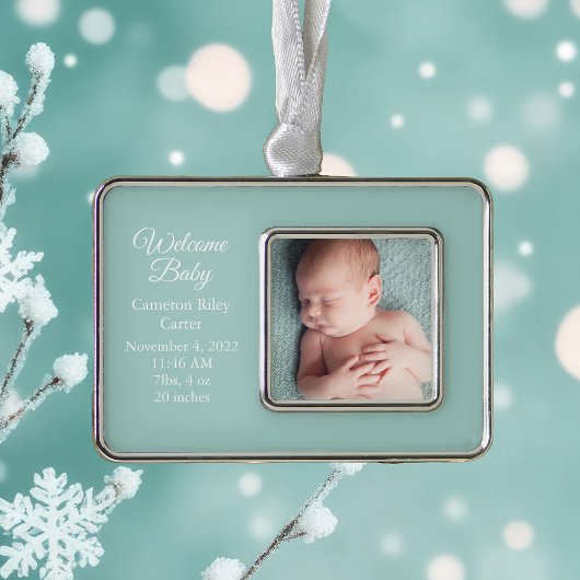 Chic Blauwgroen Baby Pasgeboren Foto Keepsake Gift Verzilverd Kader Ornament