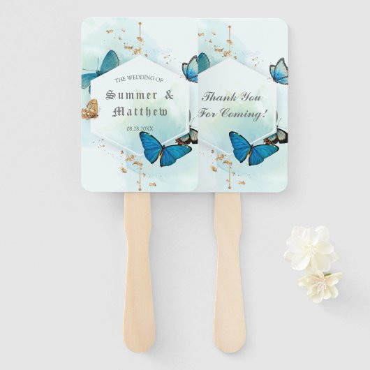 Chic Blauwgroen Blue Painted Butterfly Weduwschap  Handwaaier (Voorkant en achterkant)