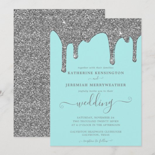 Chic Blauwgroen en Silver Glitter Drift Wedding Kaart (Voorkant / Achterkant)
