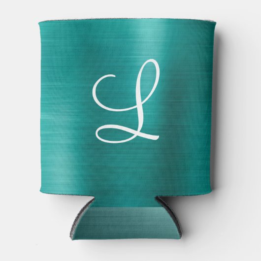 Chic Blauwgroen geborsteld metaal wit monogram Blikjeskoeler (Voorkant)