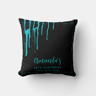 Chic Blauwgroen Glitter Drips Sweet 16 Birthday Kussen