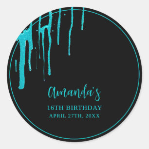 Chic Blauwgroen Glitter Drips Sweet 16 Birthday Ronde Sticker