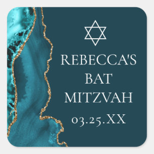 Chic Blauwgroen Gold Agate Bat Mitzvah Party Vierkante Sticker
