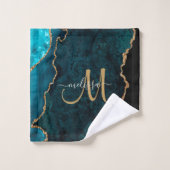 Chic Blauwgroen Gold Glitter Agate Custom Monogram Bad Handdoek (Wasdoekje)