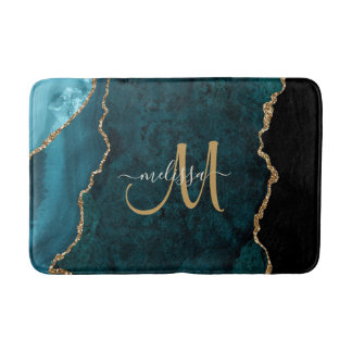 Chic Blauwgroen Gold Glitter Agate Custom Monogram Badmat