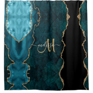 Chic Blauwgroen Gold Glitter Agate Custom Monogram Douchegordijn