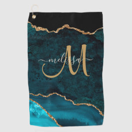 Chic Blauwgroen Gold Glitter Agate Custom Monogram Golfhanddoek
