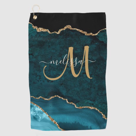Chic Blauwgroen Gold Glitter Agate Custom Monogram Golfhanddoek (Voorkant)
