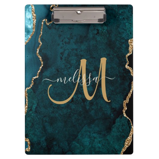 Chic Blauwgroen Gold Glitter Agate Custom Monogram Klembord (Voorkant)